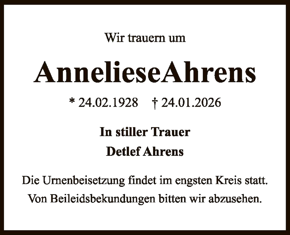  Traueranzeige für Anneliese Ahrens vom 14.02.2026 aus OFHA