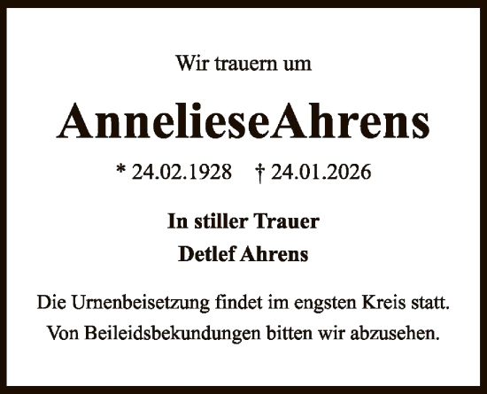 Traueranzeige von Anneliese Ahrens von OFHA