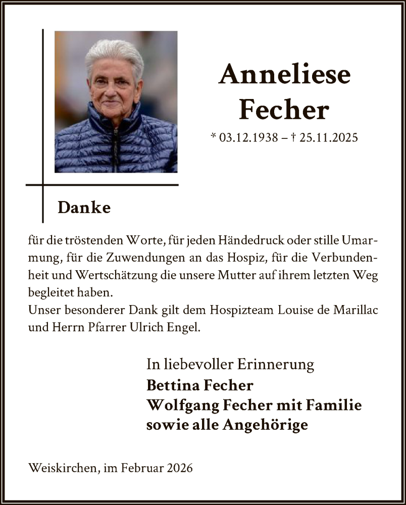  Traueranzeige für Anneliese Fecher vom 14.02.2026 aus OFOP