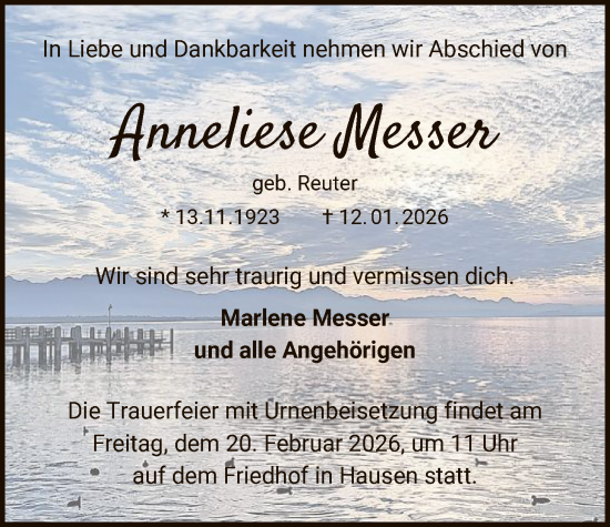 Traueranzeige von Anneliese Messer von OFOP