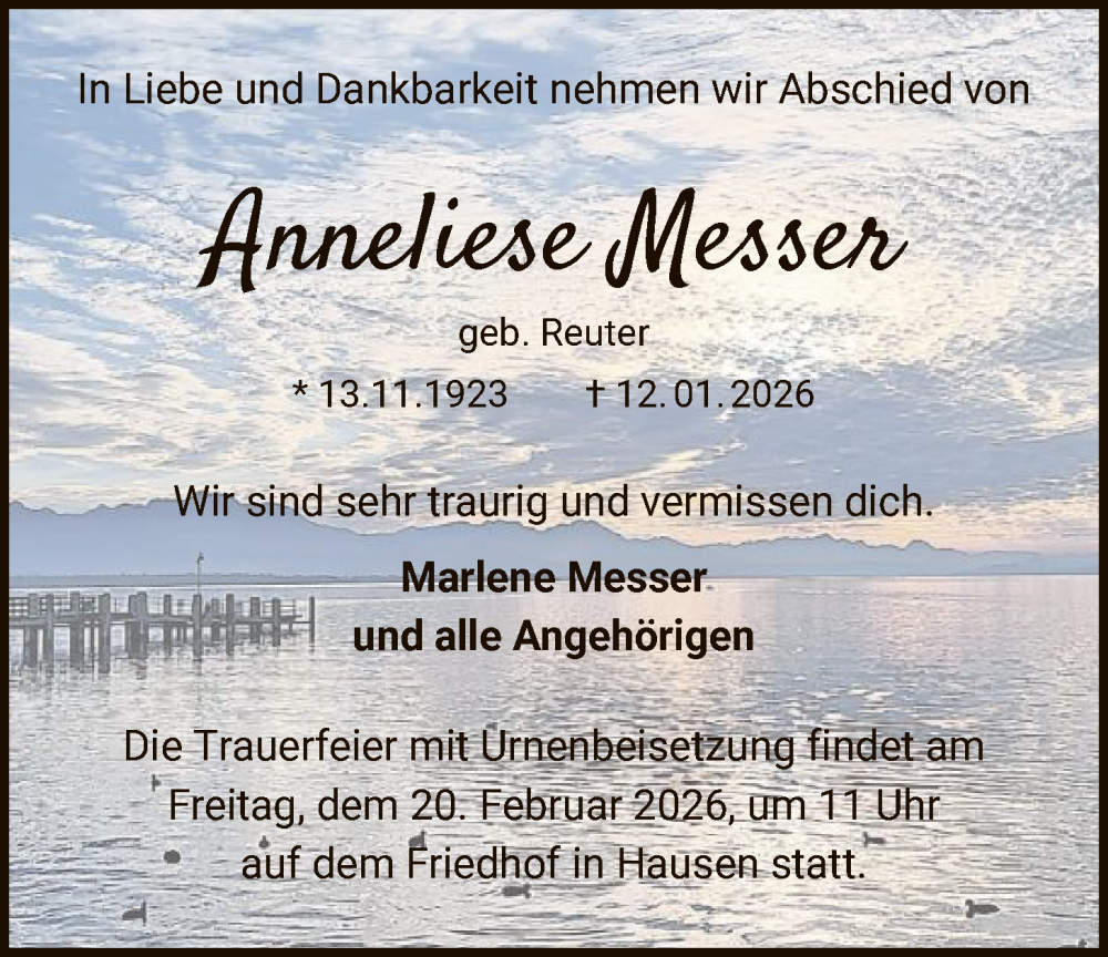  Traueranzeige für Anneliese Messer vom 14.02.2026 aus OFOP