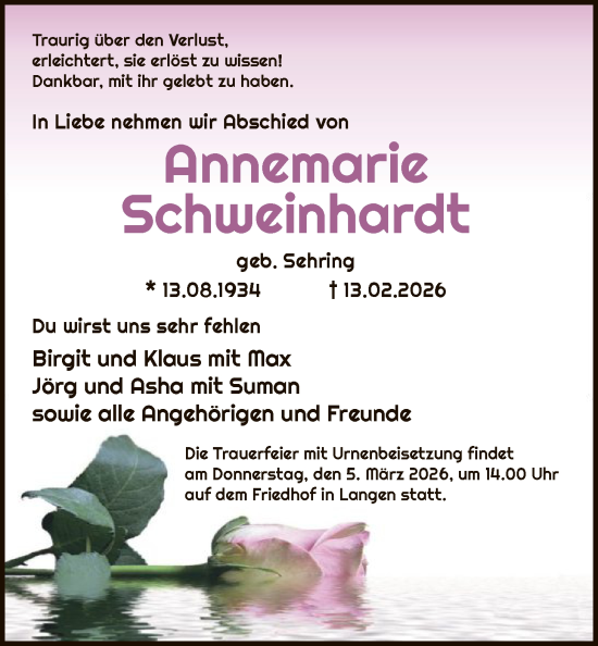 Traueranzeige von Annemarie Schweinhardt von OF0W