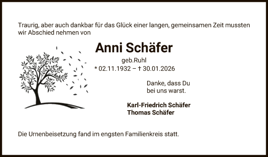 Traueranzeige von Anni Schäfer von OFOP
