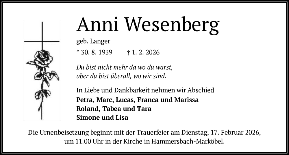  Traueranzeige für Anni Wesenberg vom 07.02.2026 aus OFHA