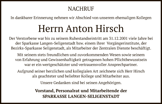 Traueranzeige von Anton Hirsch von OFOP