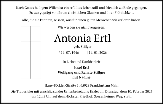Traueranzeige von Antonia Ertl von FNP