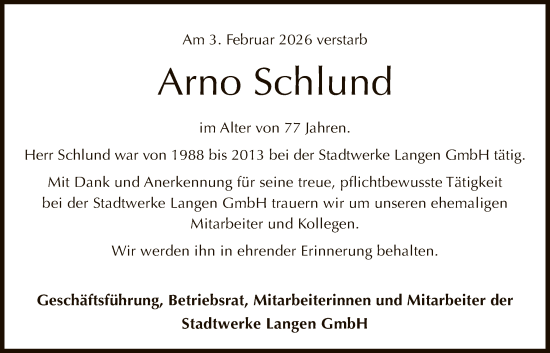Traueranzeige von Arno Schlund von OFOPOF0W