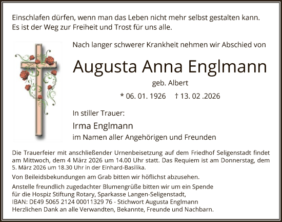 Traueranzeige von Augusta Anna Englmann von OF0L