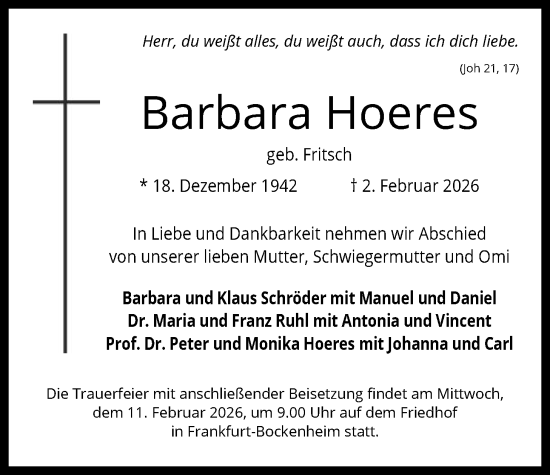 Traueranzeige von Barbara Hoeres von FNP