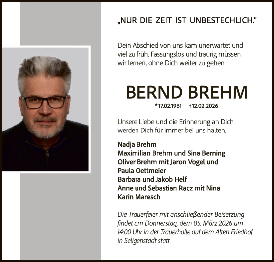 Traueranzeige von Bernd Brehm von OFOP