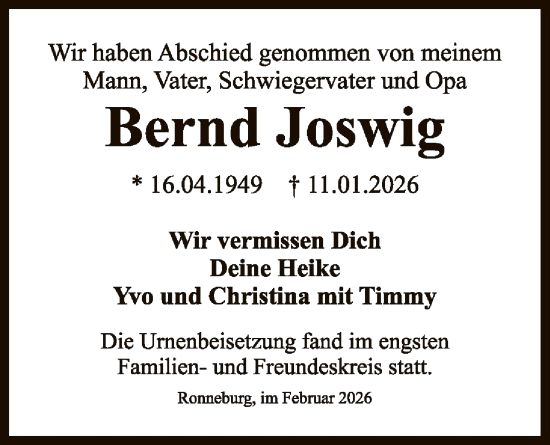 Traueranzeige von Bernd Joswig von OFHA
