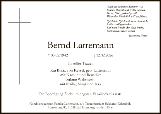 Traueranzeige von Bernd Lattemann von FNP