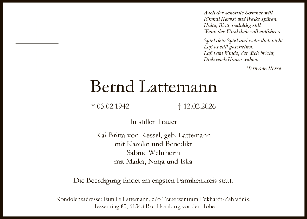  Traueranzeige für Bernd Lattemann vom 21.02.2026 aus FNP