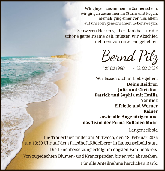 Traueranzeige von Bernd Pilz von OFHA