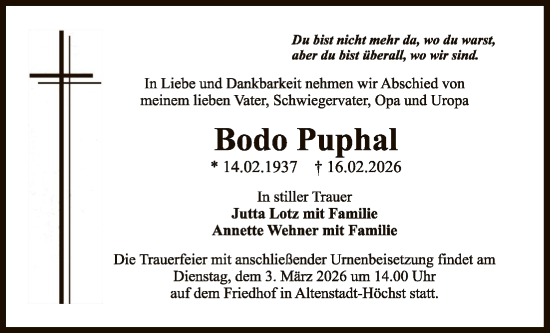 Traueranzeige von Bodo Puphal von OFHA