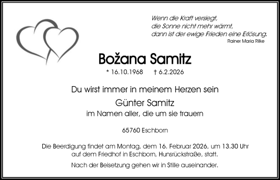 Traueranzeige von Božana Samitz von FNP