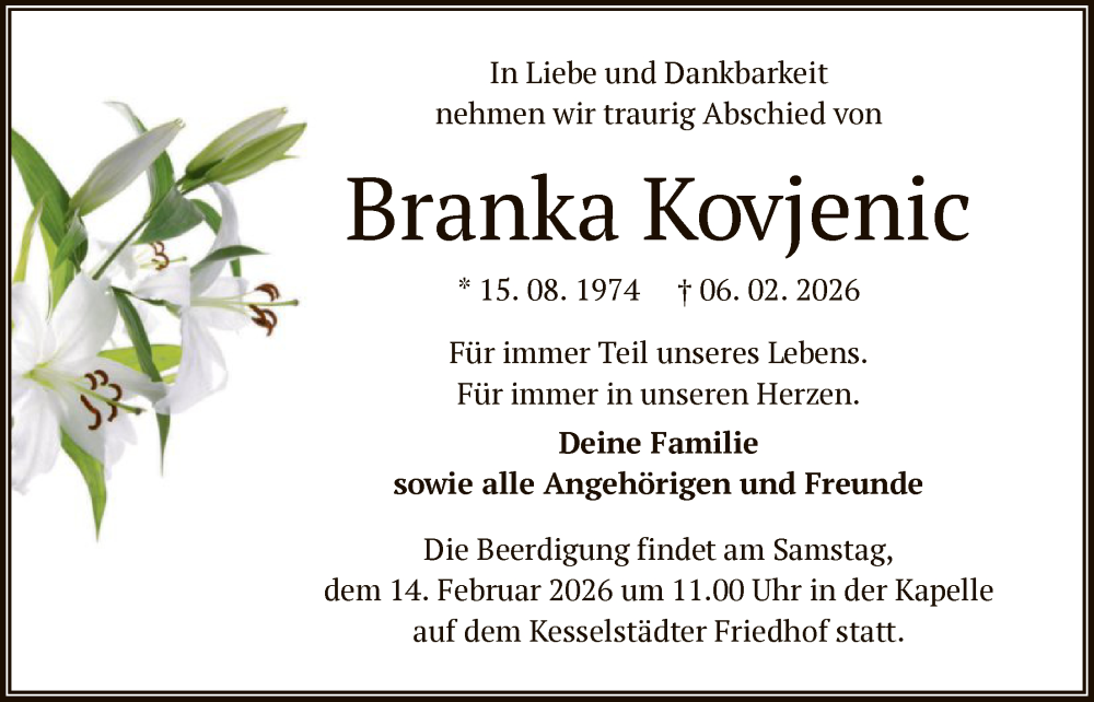  Traueranzeige für Branka Kovjenic vom 11.02.2026 aus OFHA