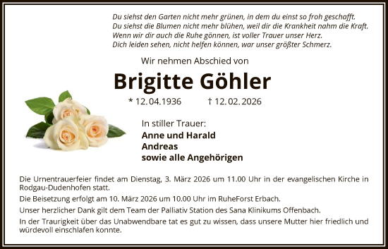 Traueranzeige von Brigitte Göhler von OF0L