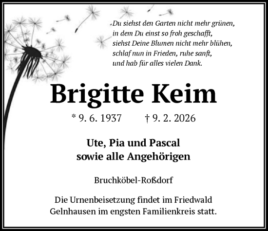 Traueranzeige von Brigitte Keim von OFHA