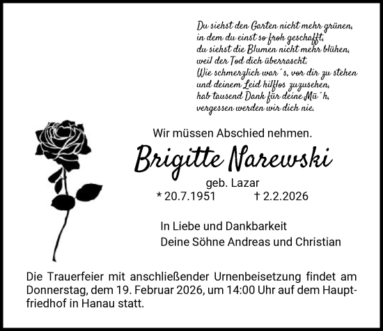 Traueranzeige von Brigitte Nasewski von OFHA