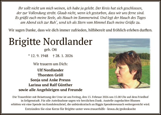 Traueranzeige von Brigitte Nordlander von OFOP