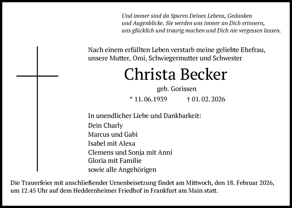  Traueranzeige für Christa Becker vom 07.02.2026 aus FNP