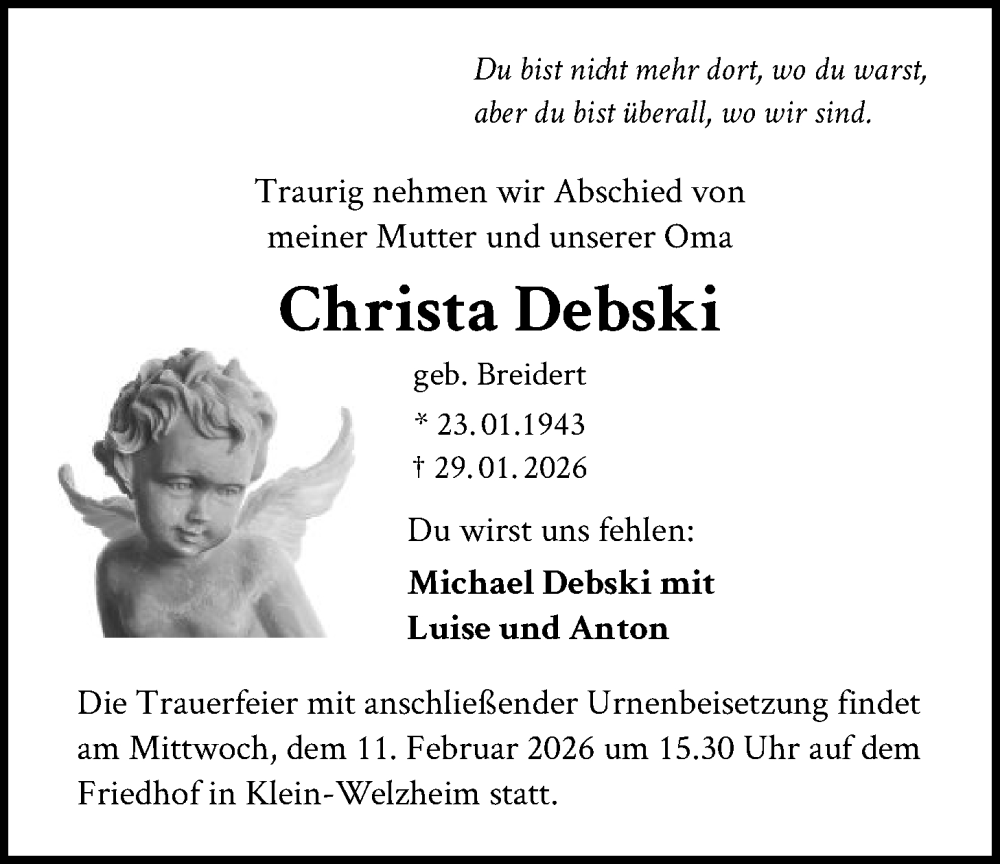  Traueranzeige für Christa Debski vom 07.02.2026 aus OF0L