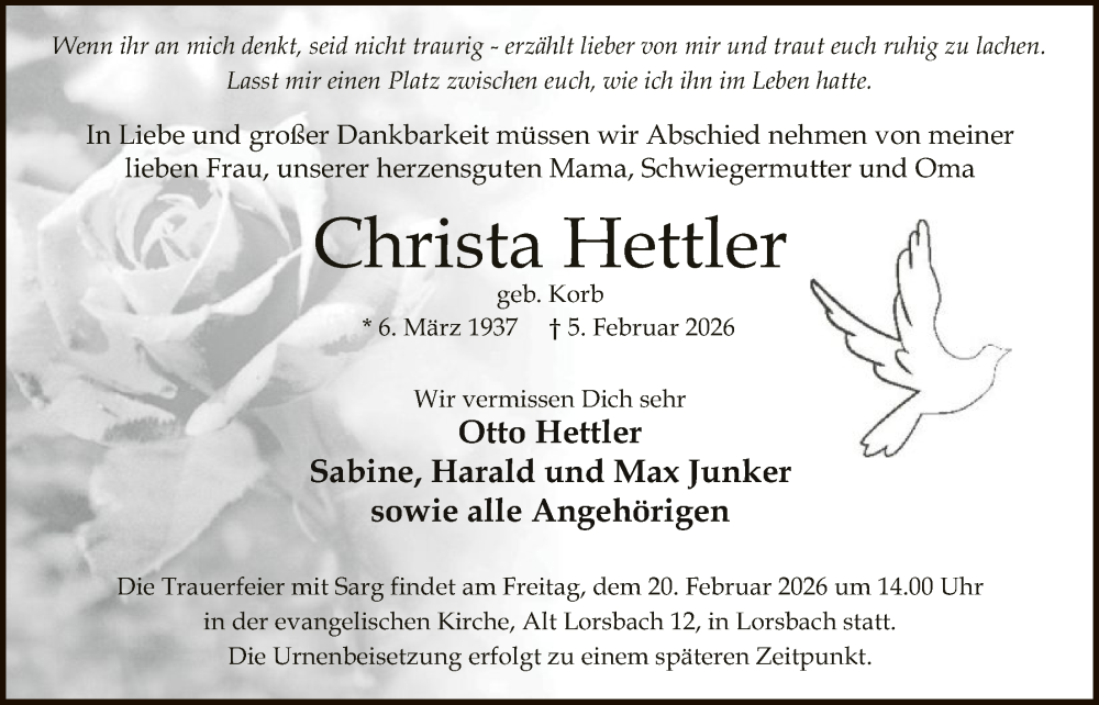  Traueranzeige für Christa Hettler vom 14.02.2026 aus FNP