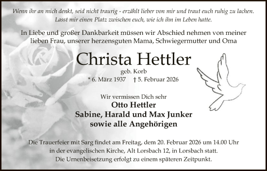 Traueranzeige von Christa Hettler von FNP
