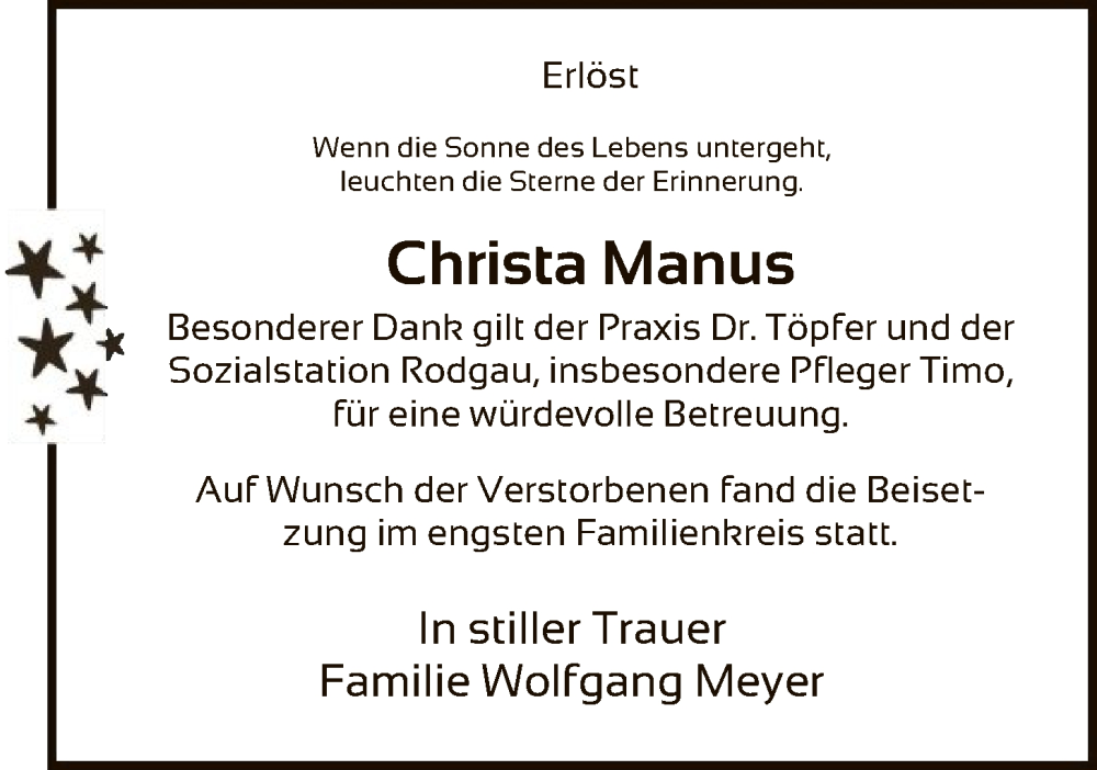  Traueranzeige für Christa Manus vom 21.02.2026 aus OFOP