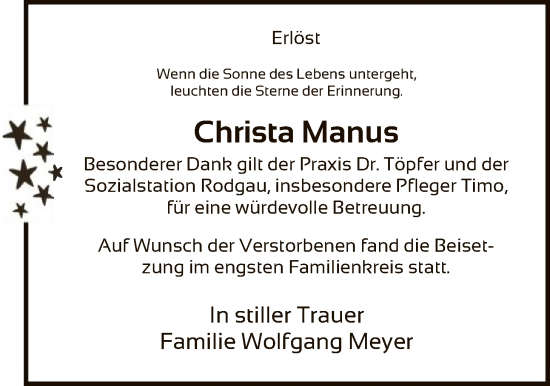 Traueranzeige von Christa Manus von OFOP