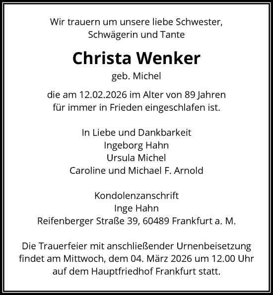 Traueranzeige von Christa Wenker von OFOP