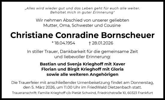 Traueranzeige von Christiane Conradine Bornscheuer von OFHA