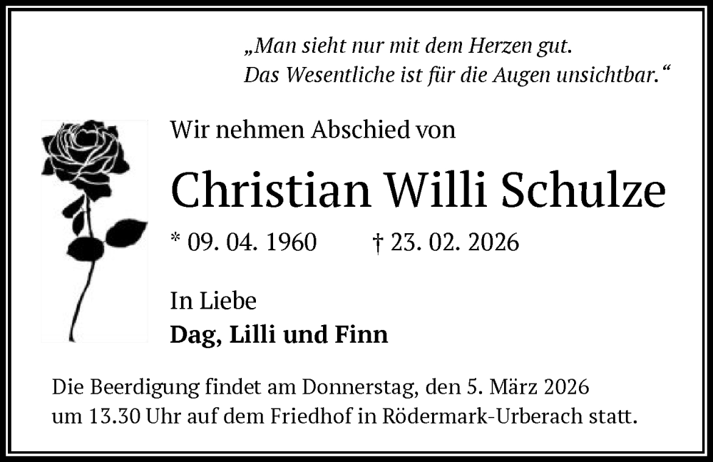  Traueranzeige für Christian Willi Schulze vom 28.02.2026 aus OFOP