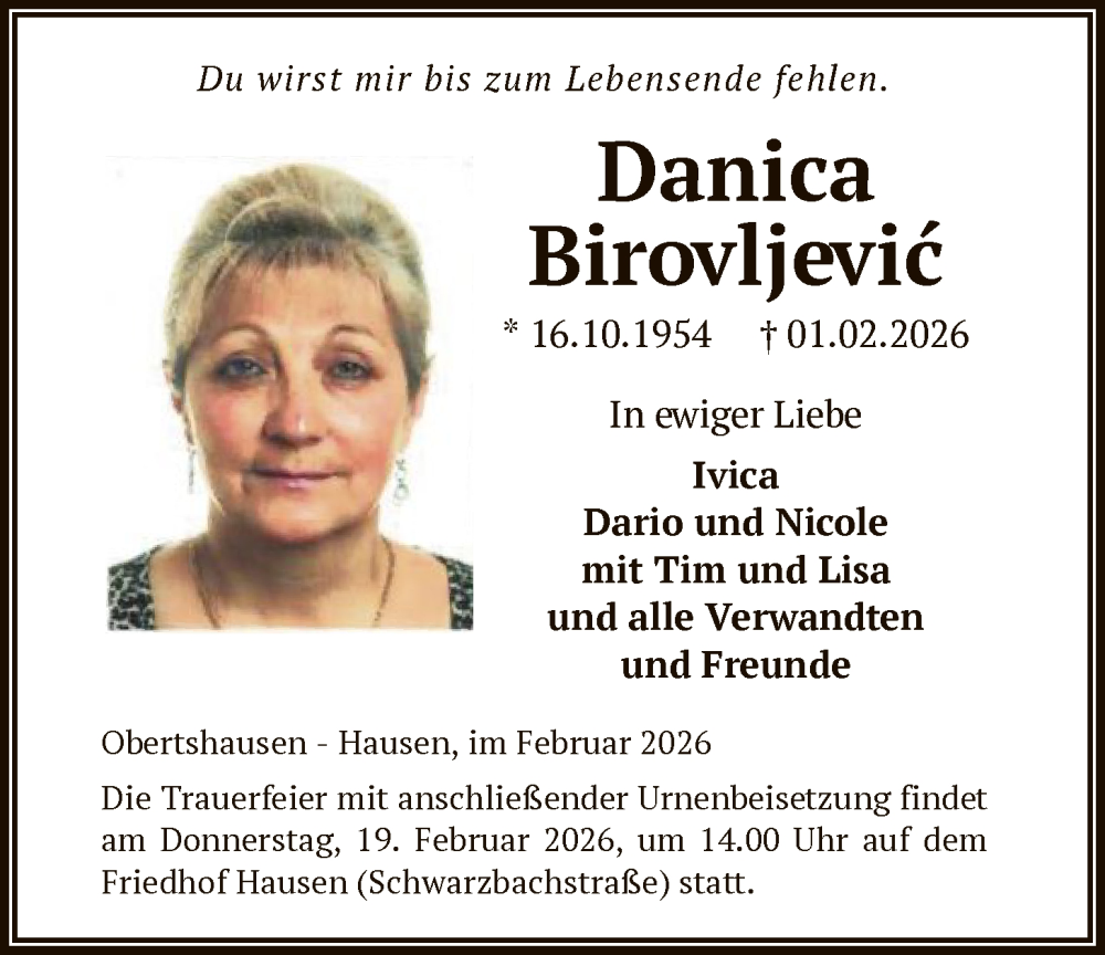  Traueranzeige für Danica Birovljevic vom 14.02.2026 aus OF0T