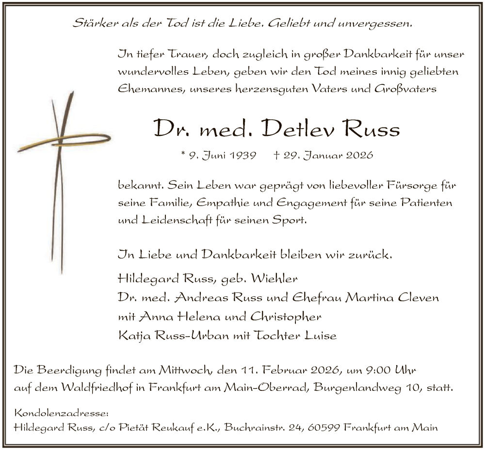  Traueranzeige für Detlev Russ vom 07.02.2026 aus OFOP