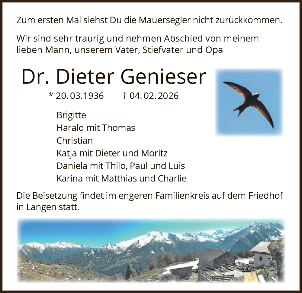  Traueranzeige für Dieter Genieser vom 21.02.2026 aus OFOP