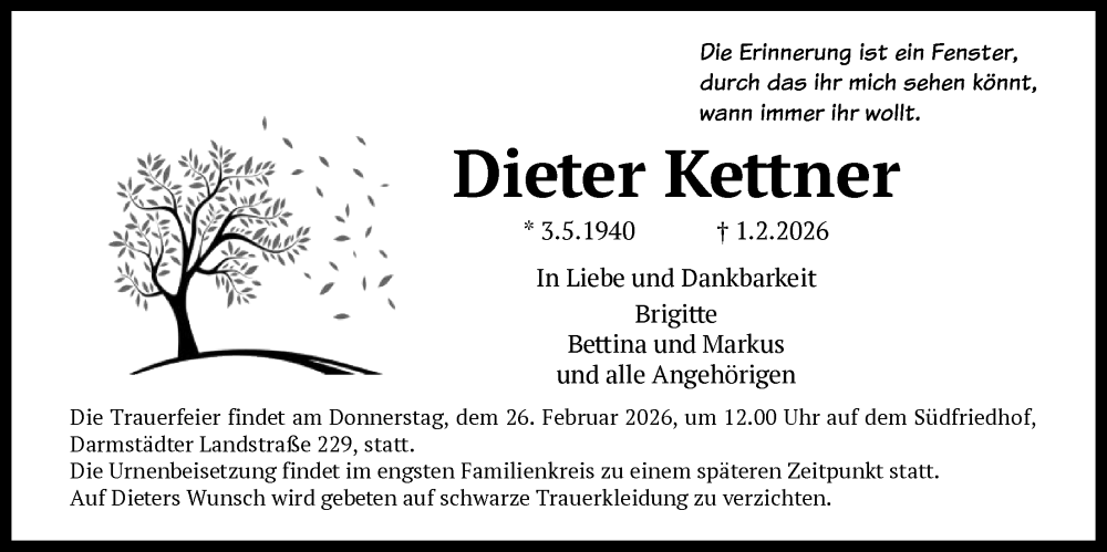  Traueranzeige für Dieter Kettner vom 14.02.2026 aus FNP