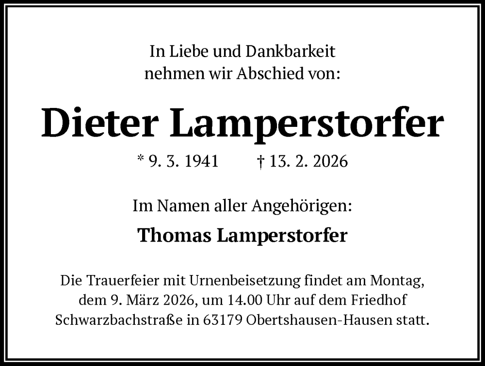  Traueranzeige für Dieter Lamperstorfer vom 28.02.2026 aus OFOP
