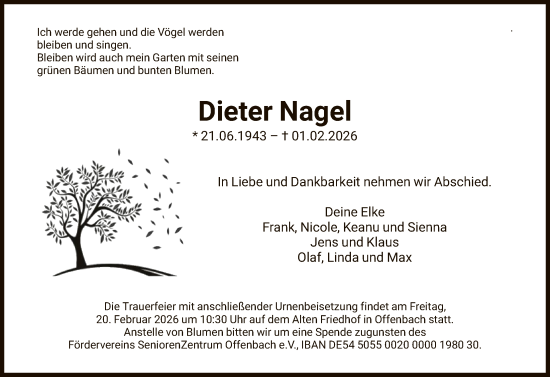 Traueranzeige von Dieter Nagel von OFOP