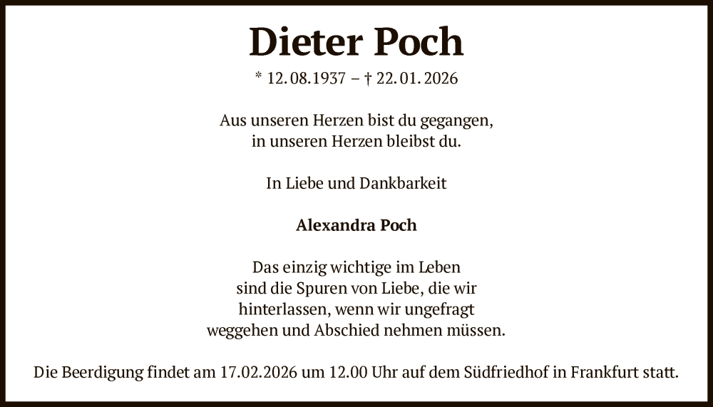  Traueranzeige für Dieter Poch vom 14.02.2026 aus FNP