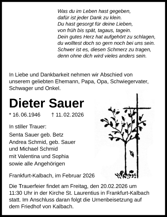 Traueranzeige von Dieter Sauer von FNP