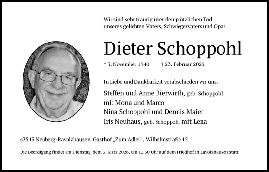 Traueranzeige von Dieter Schoppohl von OFHA