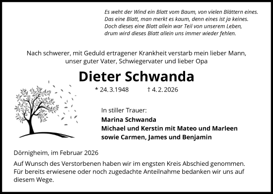 Traueranzeige von Dieter Schwanda von OFHA