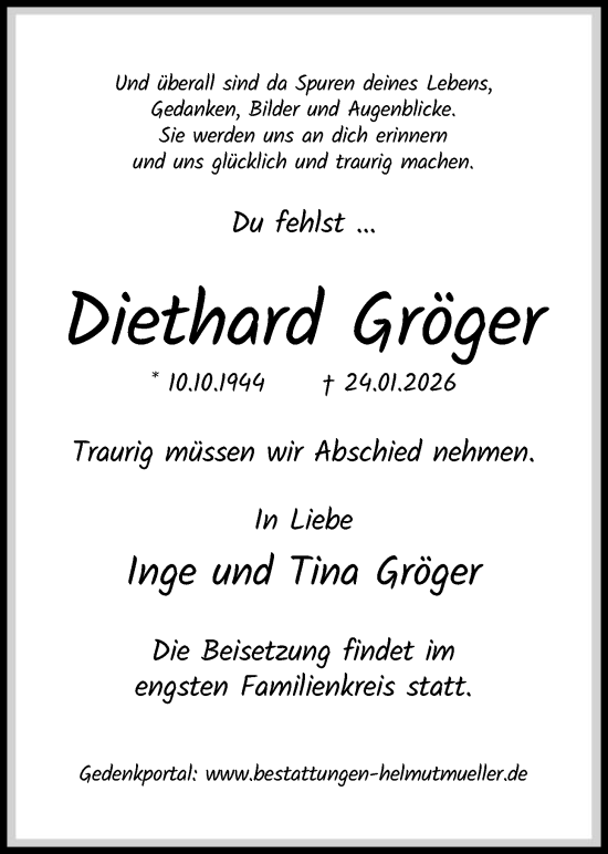 Traueranzeige von Diethard Gröger von OFOP