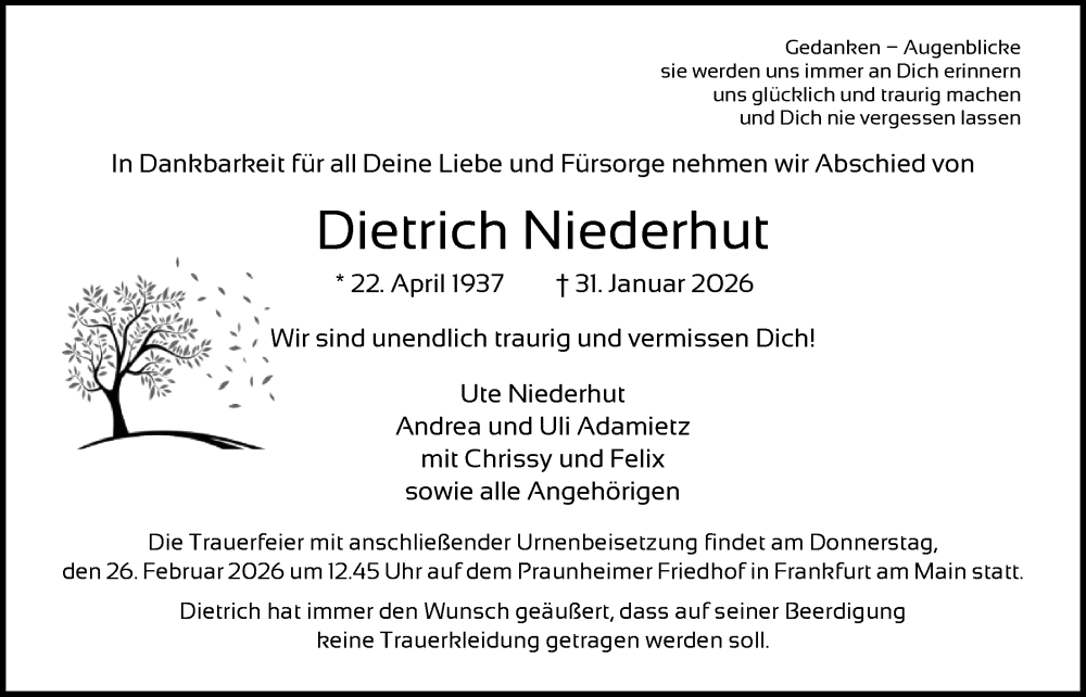  Traueranzeige für Dietrich Niederhut vom 07.02.2026 aus FNP