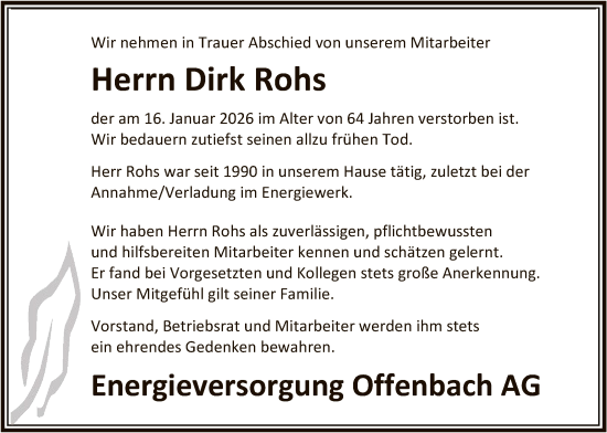 Traueranzeige von Dirk Rohs von OFOP