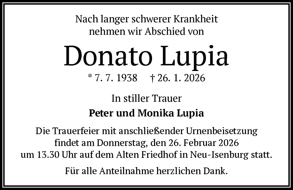  Traueranzeige für Donato Lupia vom 14.02.2026 aus OF0W