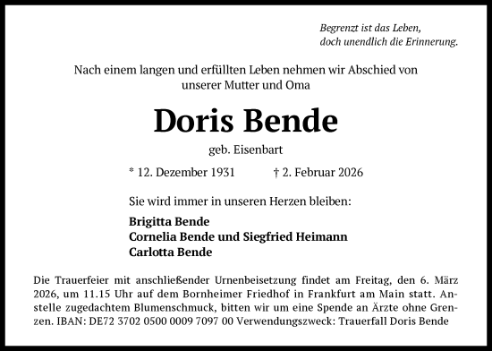 Traueranzeige von Doris Bende von FNP