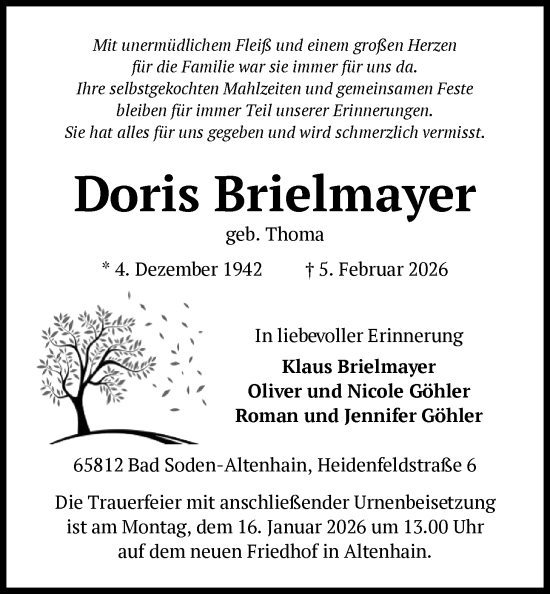 Traueranzeige von Doris Brielmayer von FNP
